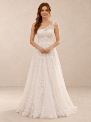 White One-Shoulder Floral Lace Sequin Wedding Dress with Sweep Train
