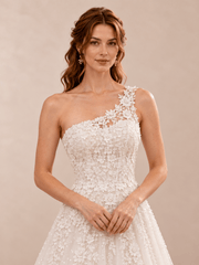 White One-Shoulder Floral Lace Sequin Wedding Dress with Sweep Train