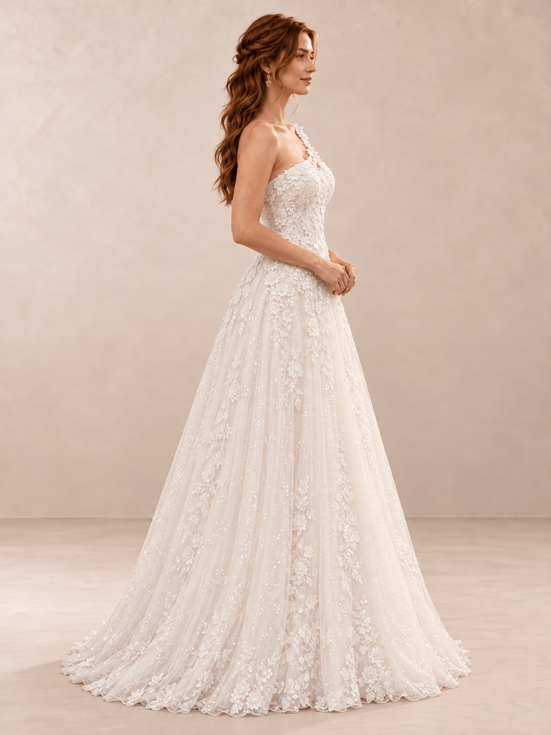 White One-Shoulder Floral Lace Sequin Wedding Dress with Sweep Train