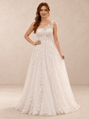 White One-Shoulder Floral Lace Sequin Wedding Dress with Sweep Train