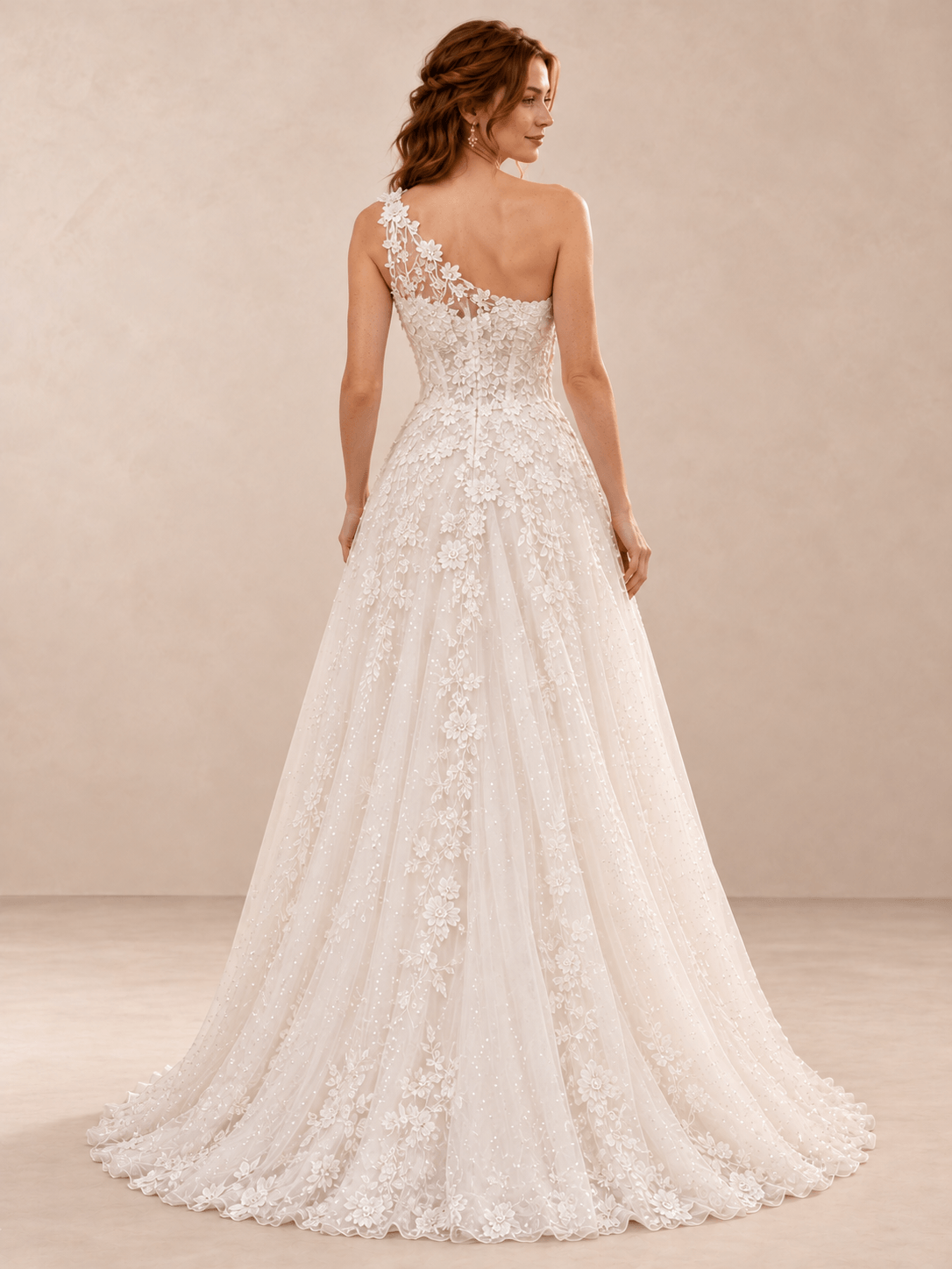 White One-Shoulder Floral Lace Sequin Wedding Dress with Sweep Train