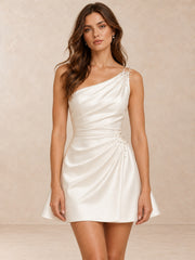 White One-Shoulder Pearl-Accented Satin Mini Wedding Dress