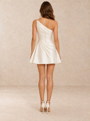 White One-Shoulder Pearl-Accented Satin Mini Wedding Dress