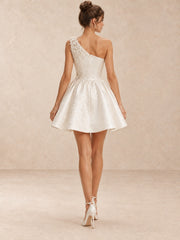 White One-Shoulder Pearl-Embellished Jacquard Mini Wedding Dress