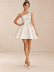 White One-Shoulder Pearl-Embellished Jacquard Mini Wedding Dress