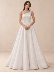 White One-Shoulder Pearl-Embellished Jacquard Wedding Dress