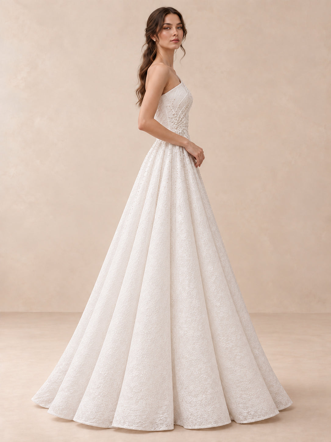 White One-Shoulder Pearl-Embellished Jacquard Wedding Dress