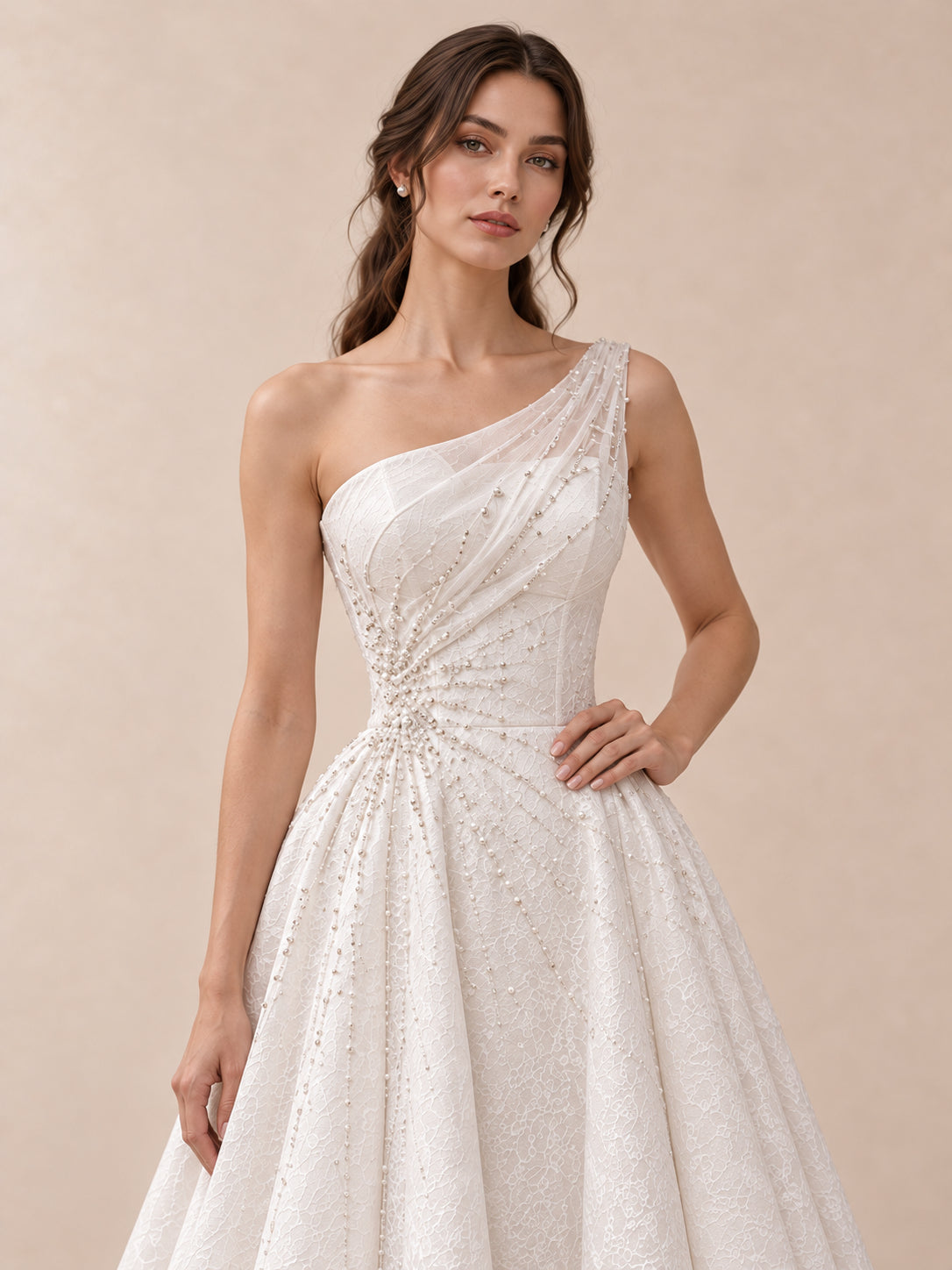 White One-Shoulder Pearl-Embellished Jacquard Wedding Dress