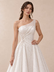White One-Shoulder Pearl-Embellished Jacquard Wedding Dress