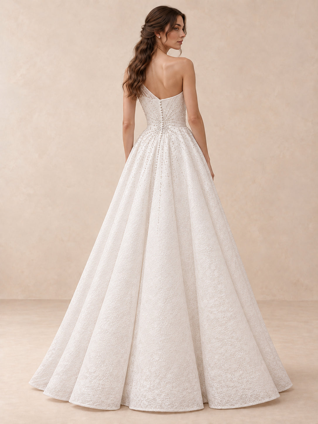 White One-Shoulder Pearl-Embellished Jacquard Wedding Dress