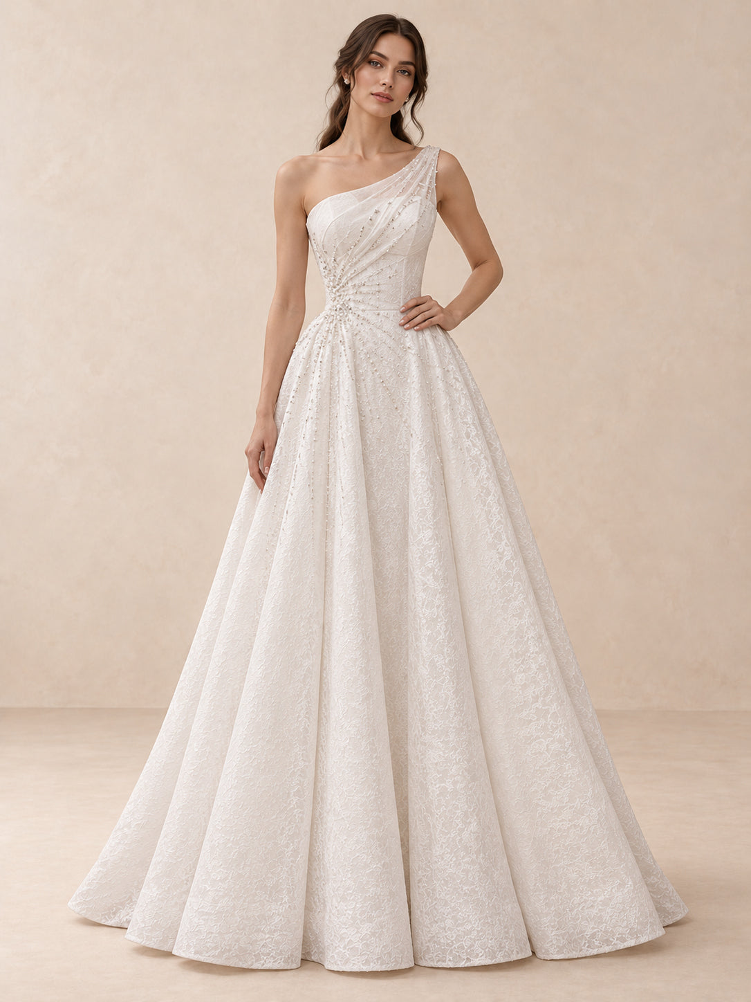 White One-Shoulder Pearl-Embellished Jacquard Wedding Dress