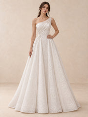 White One-Shoulder Pearl-Embellished Jacquard Wedding Dress