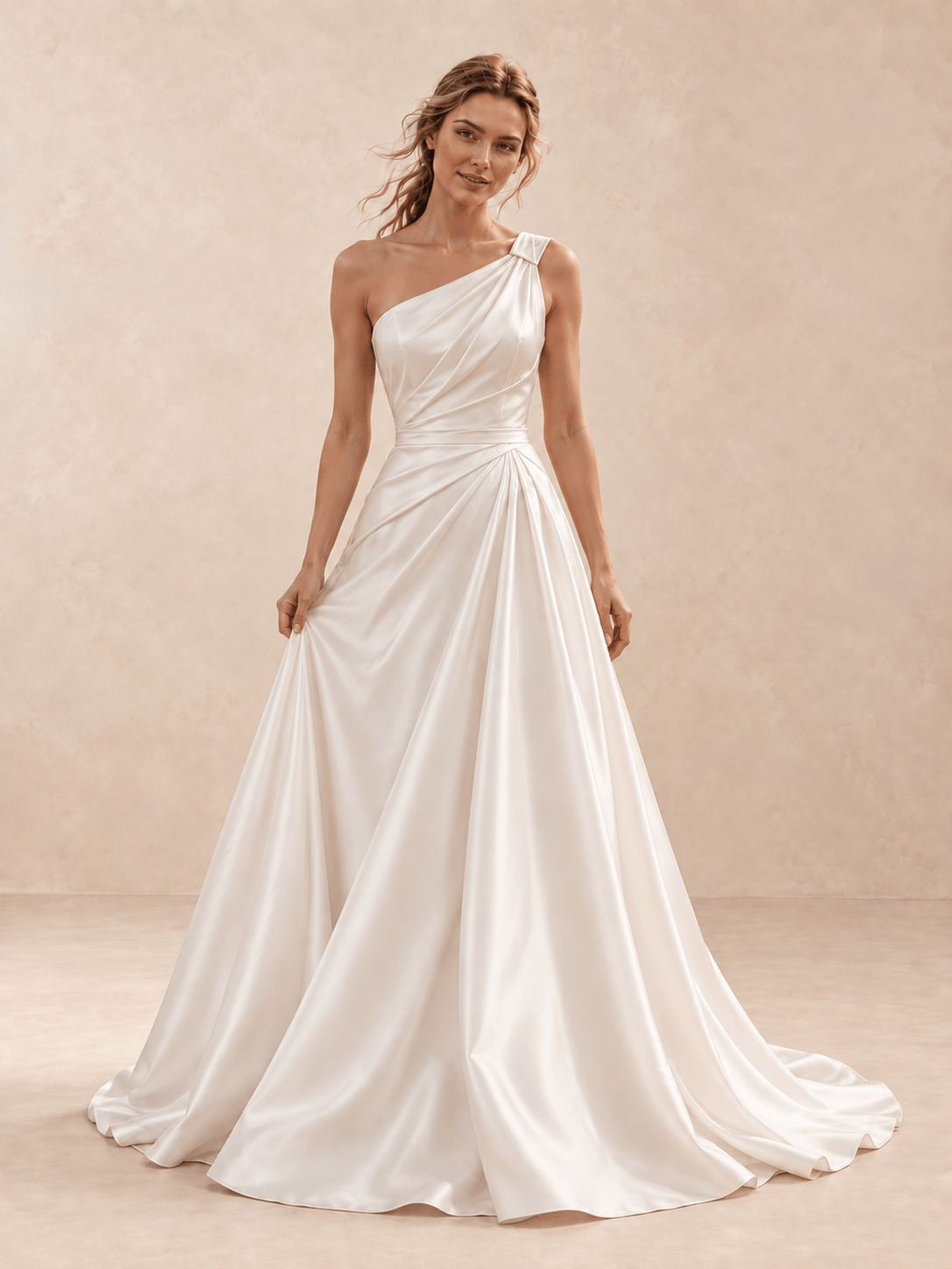White One-Shoulder Satin Asymmetrical Draped Back Wedding Dress