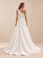 White One-Shoulder Satin Asymmetrical Draped Back Wedding Dress