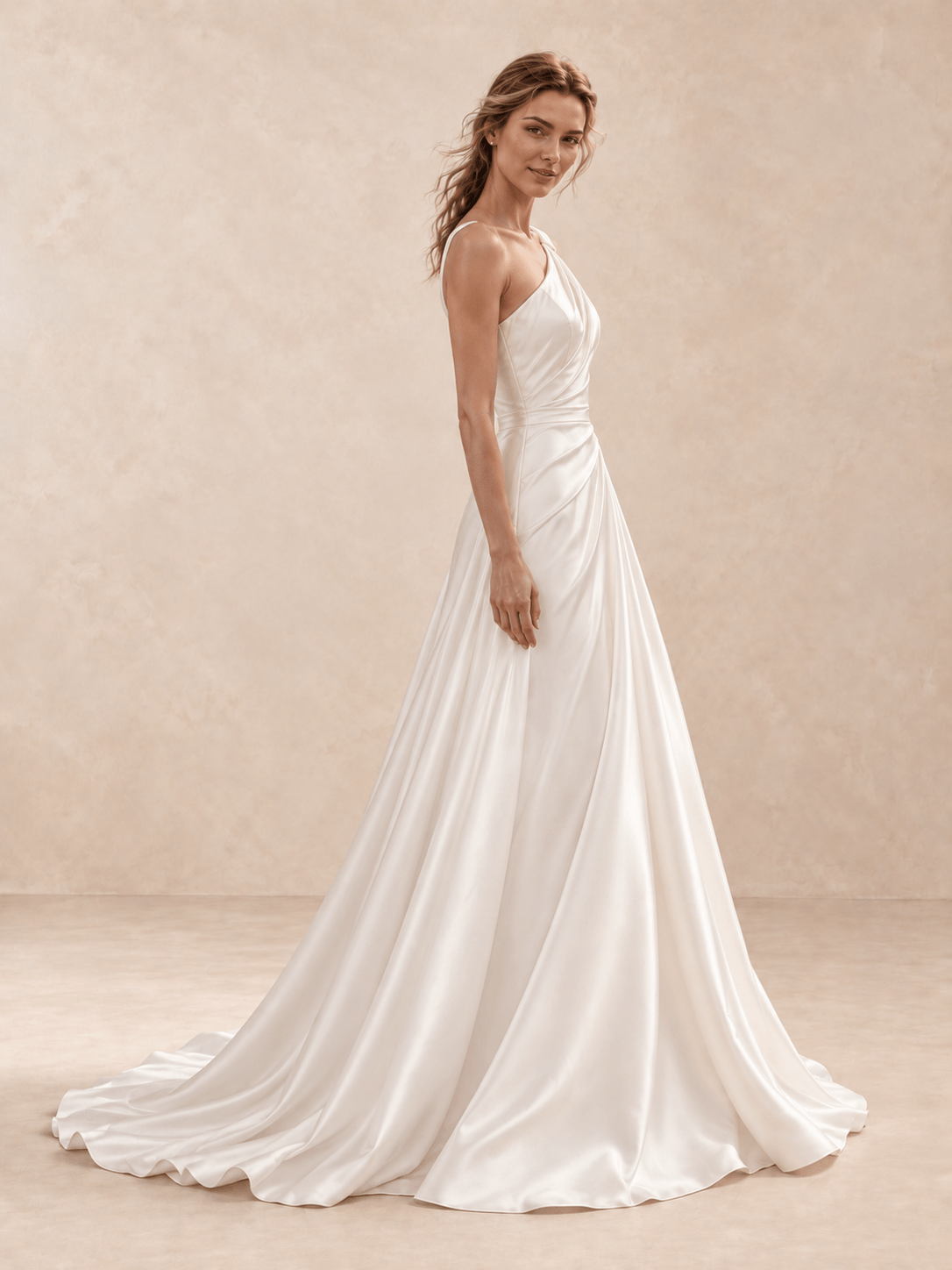 White One-Shoulder Satin Asymmetrical Draped Back Wedding Dress