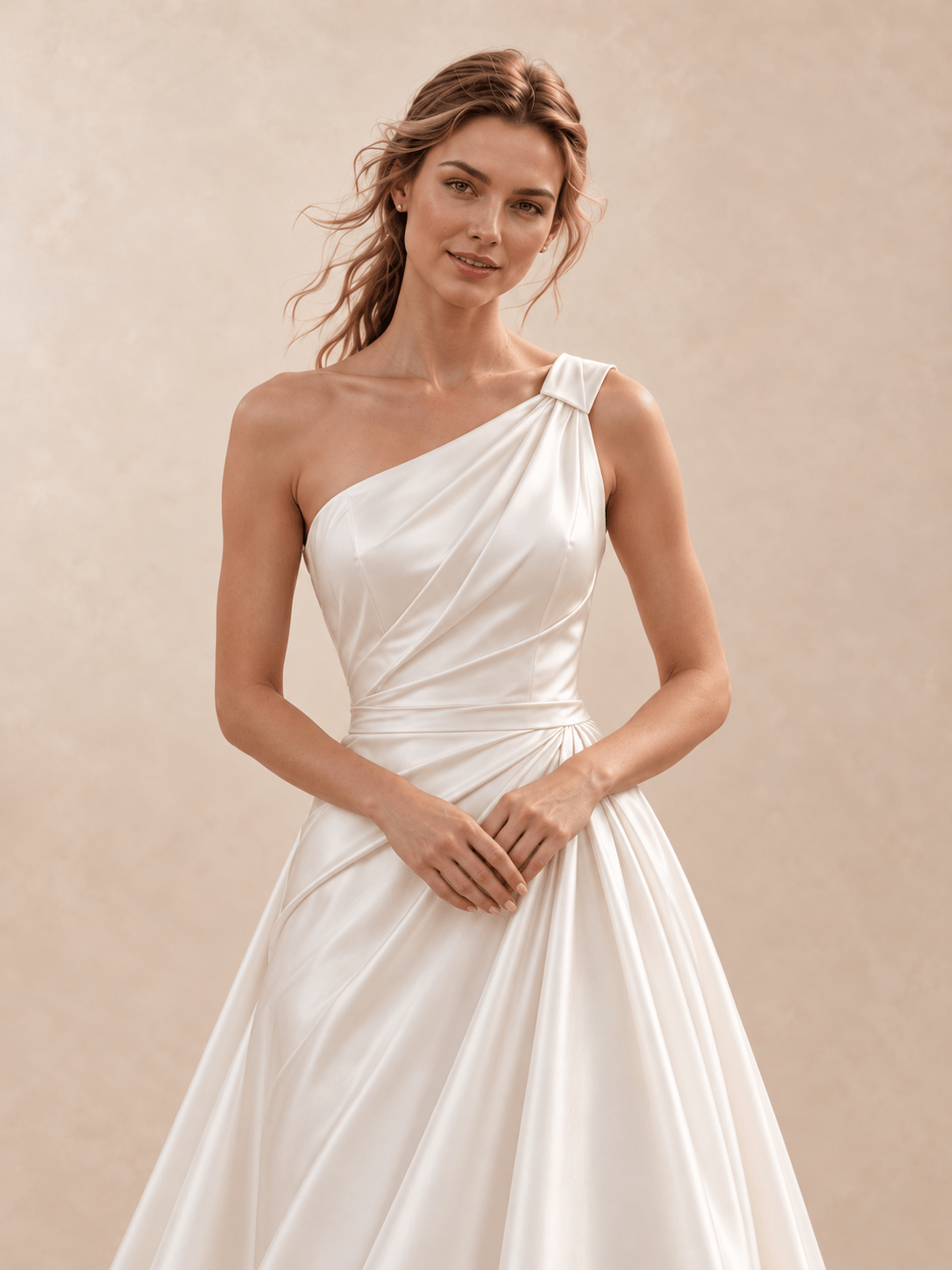 White One-Shoulder Satin Asymmetrical Draped Back Wedding Dress