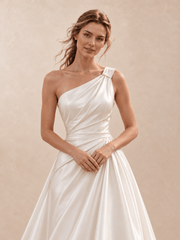 White One-Shoulder Satin Asymmetrical Draped Back Wedding Dress