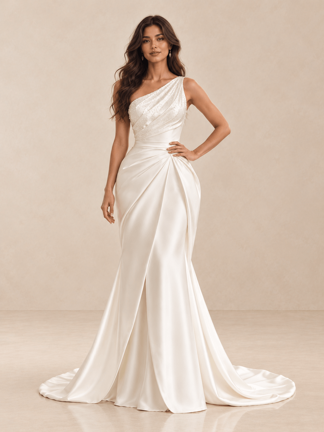 White One-Shoulder Satin Mermaid Wedding Dress with Beaded Draped Bodice
