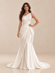 White One-Shoulder Satin Mermaid Wedding Dress with Beaded Draped Bodice