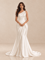 White One-Shoulder Satin Mermaid Wedding Dress with Beaded Draped Bodice