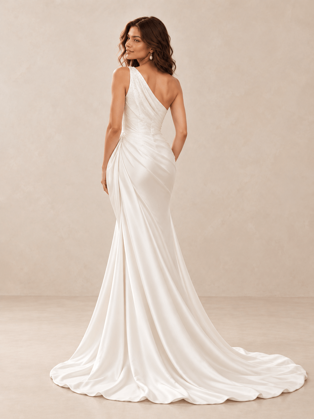 White One-Shoulder Satin Mermaid Wedding Dress with Beaded Draped Bodice