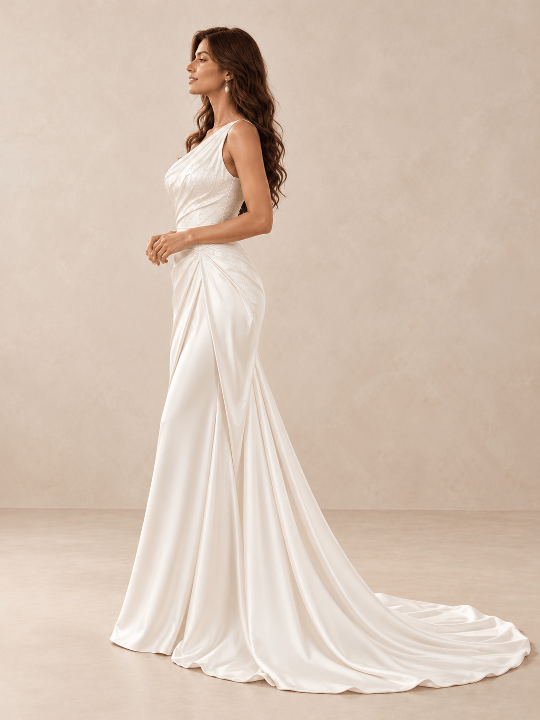 White One-Shoulder Satin Mermaid Wedding Dress with Beaded Draped Bodice