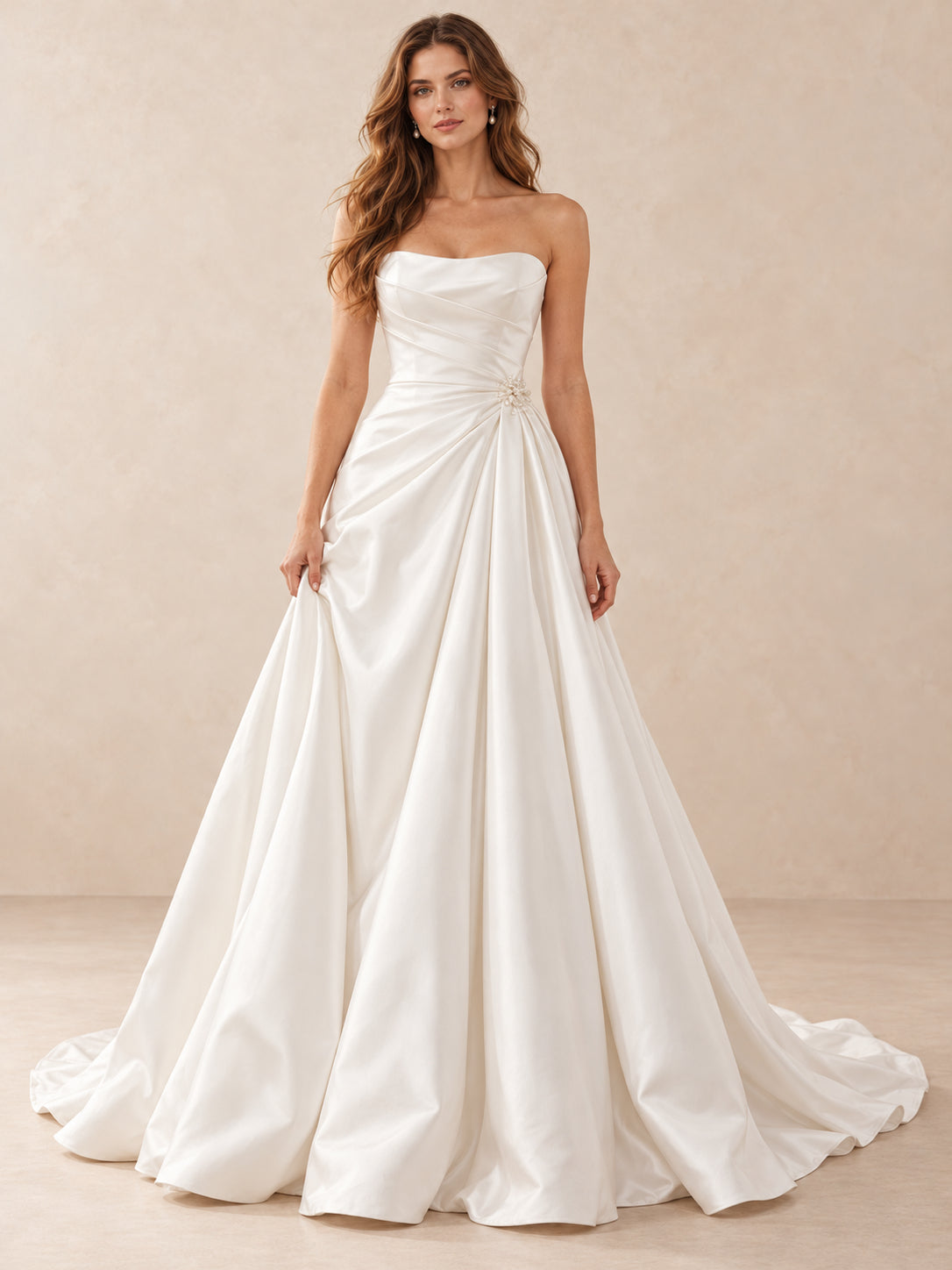 White Pearl-Accent Strapless Satin A-Line Wedding Dress with Sweep Train