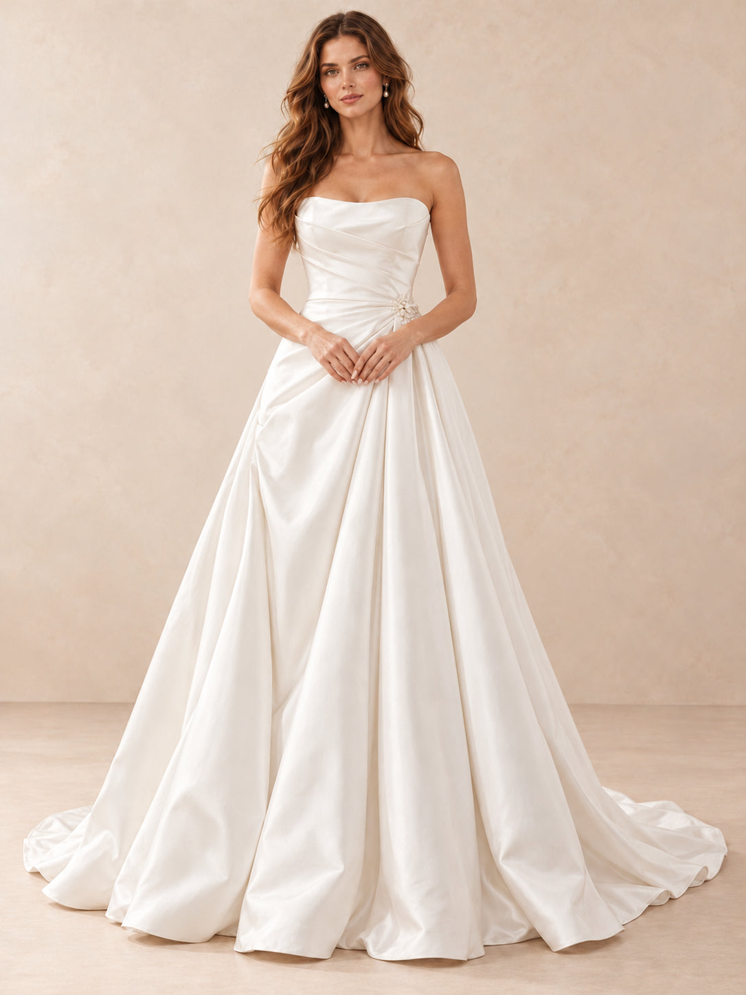 White Pearl-Accent Strapless Satin A-Line Wedding Dress with Sweep Train