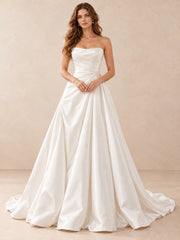 White Pearl-Accent Strapless Satin A-Line Wedding Dress with Sweep Train