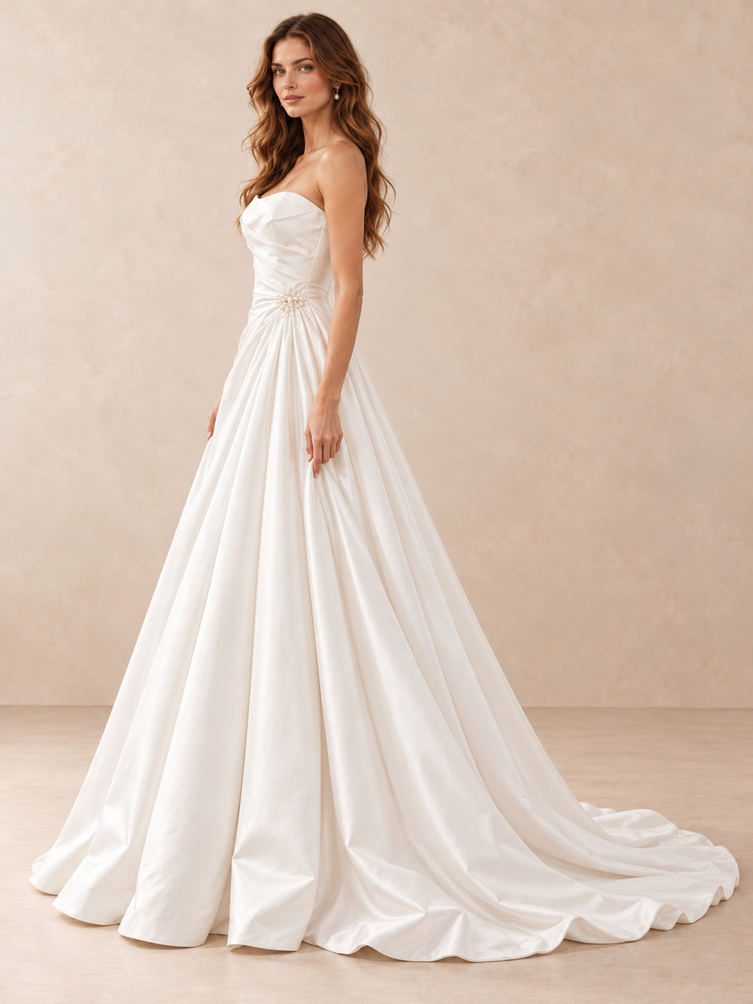 White Pearl-Accent Strapless Satin A-Line Wedding Dress with Sweep Train