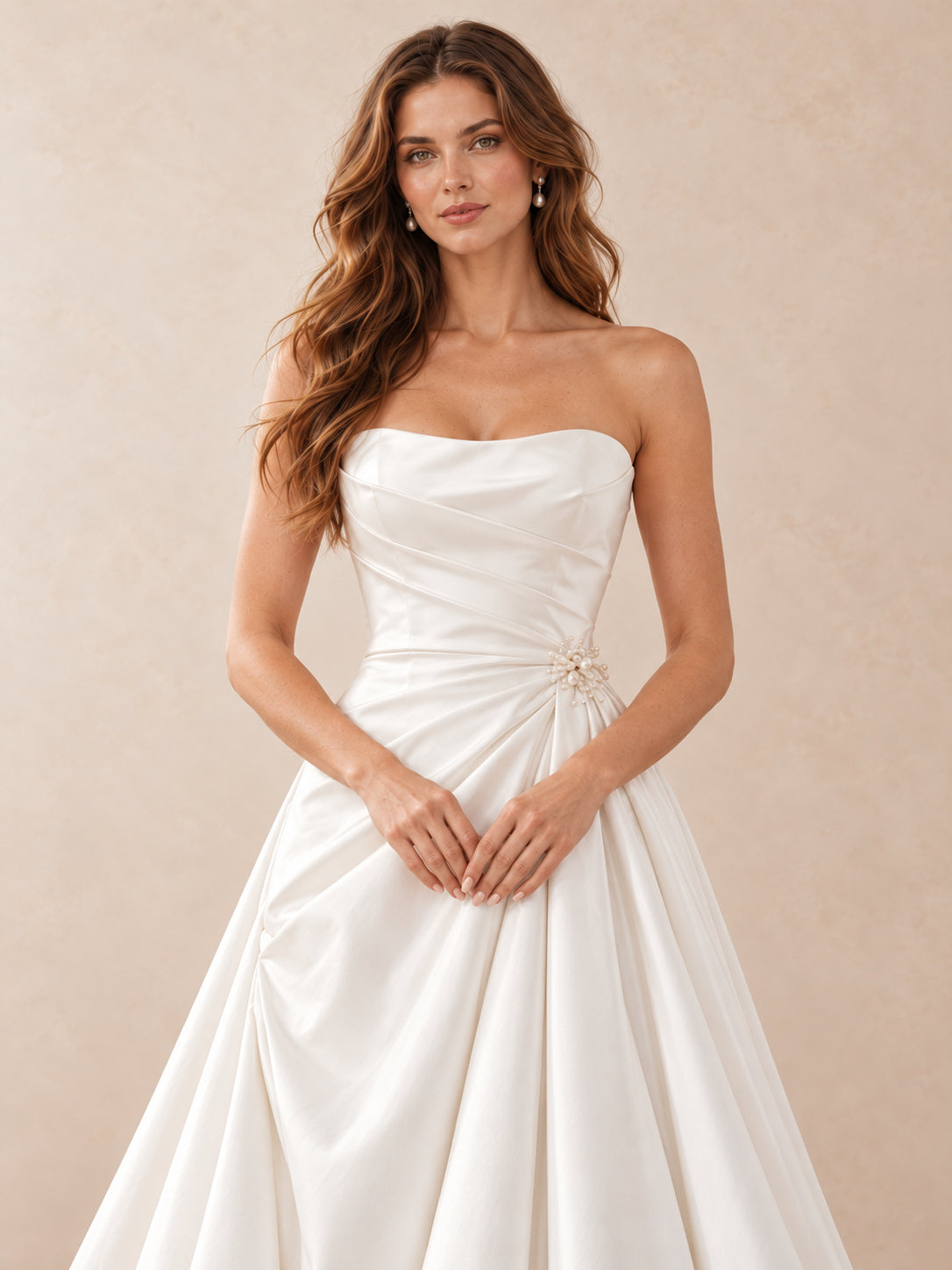 White Pearl-Accent Strapless Satin A-Line Wedding Dress with Sweep Train