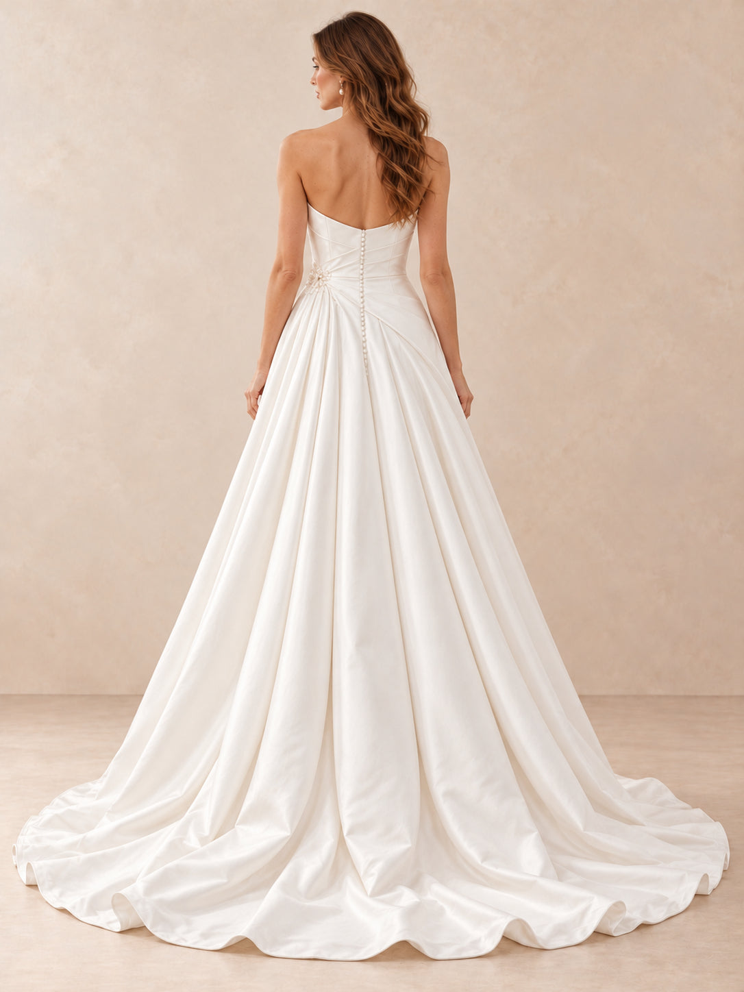 White Pearl-Accent Strapless Satin A-Line Wedding Dress with Sweep Train