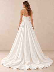 White Pearl-Accent Strapless Satin A-Line Wedding Dress with Sweep Train