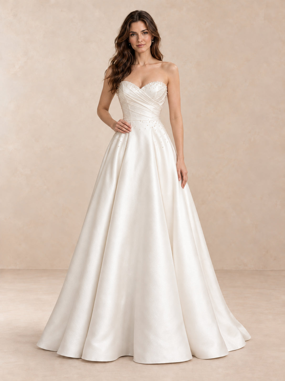 White Pearl-Accented Draped Satin Strapless Wedding Dress with Sweep Train