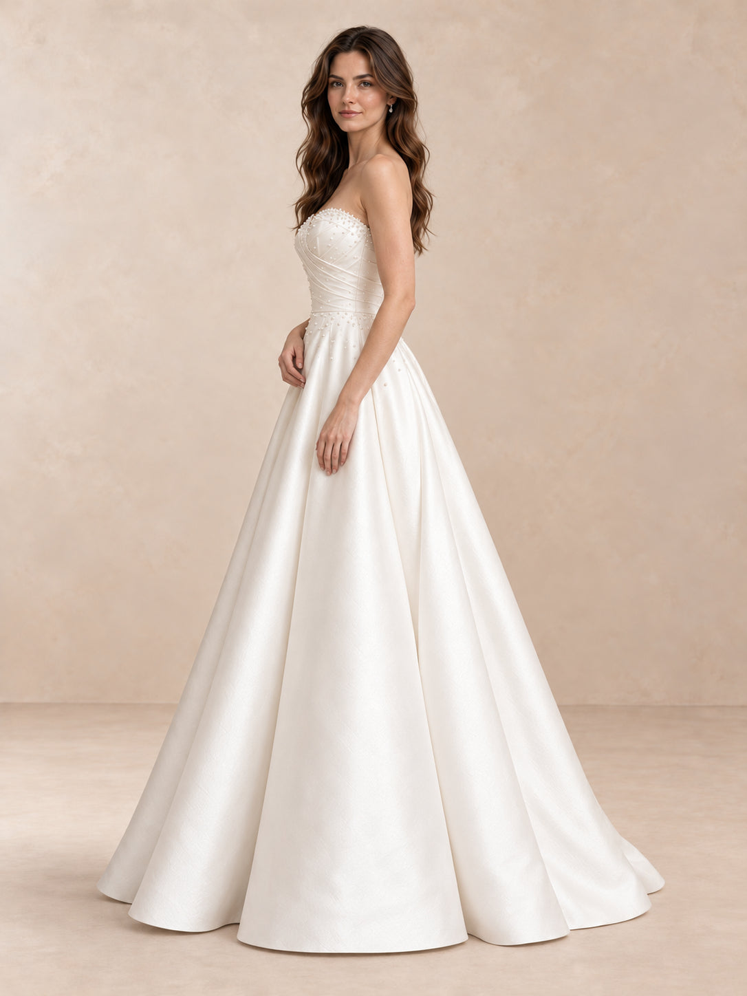 White Pearl-Accented Draped Satin Strapless Wedding Dress with Sweep Train