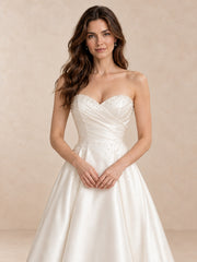 White Pearl-Accented Draped Satin Strapless Wedding Dress with Sweep Train