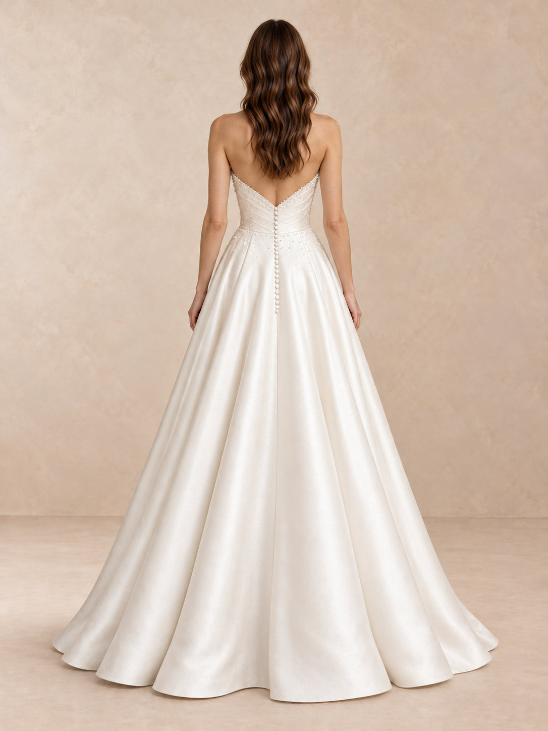 White Pearl-Accented Draped Satin Strapless Wedding Dress with Sweep Train