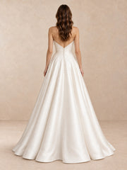 White Pearl-Accented Draped Satin Strapless Wedding Dress with Sweep Train