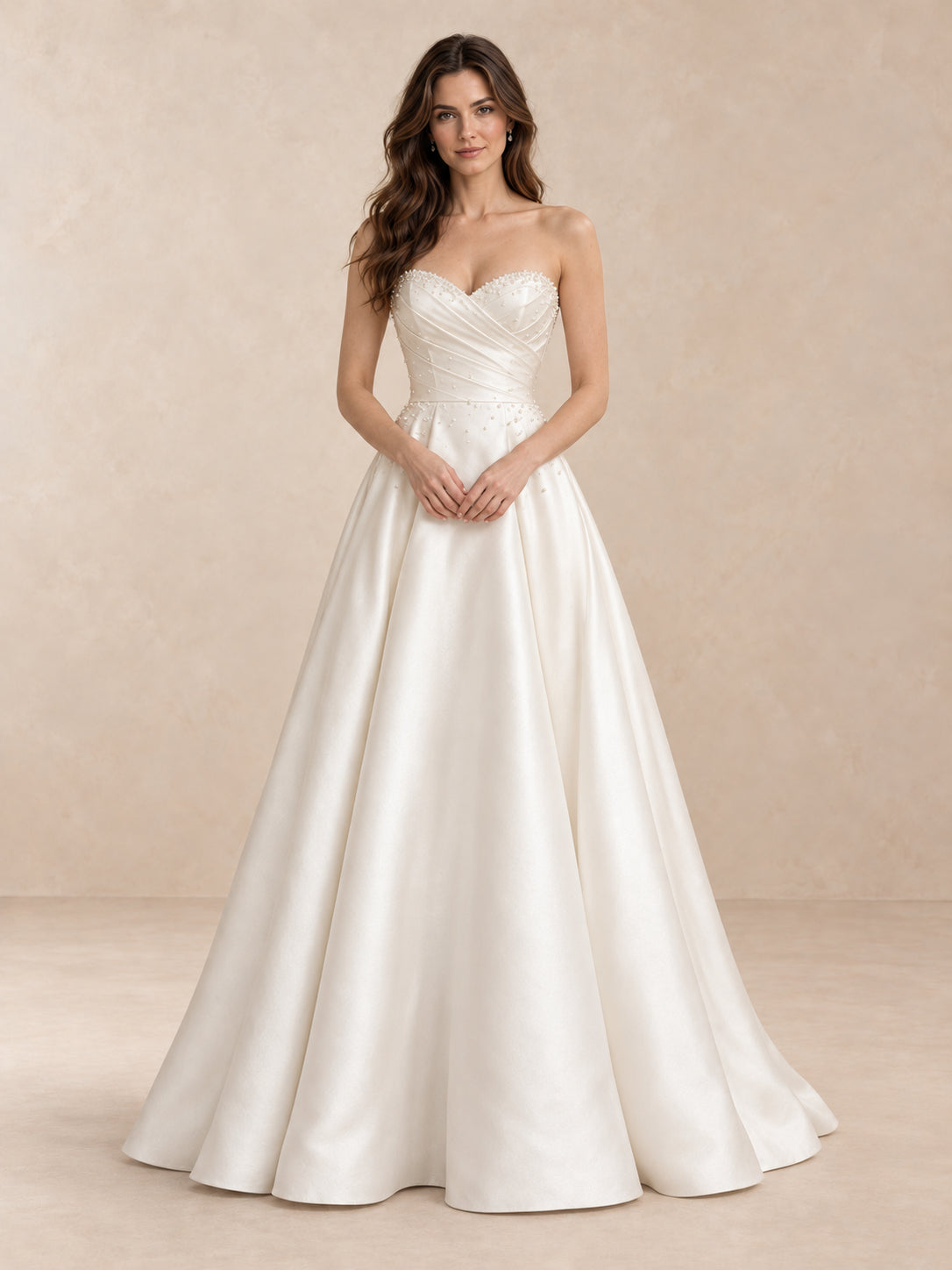 White Pearl-Accented Draped Satin Strapless Wedding Dress with Sweep Train