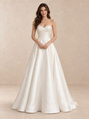 White Pearl-Accented Draped Satin Strapless Wedding Dress with Sweep Train