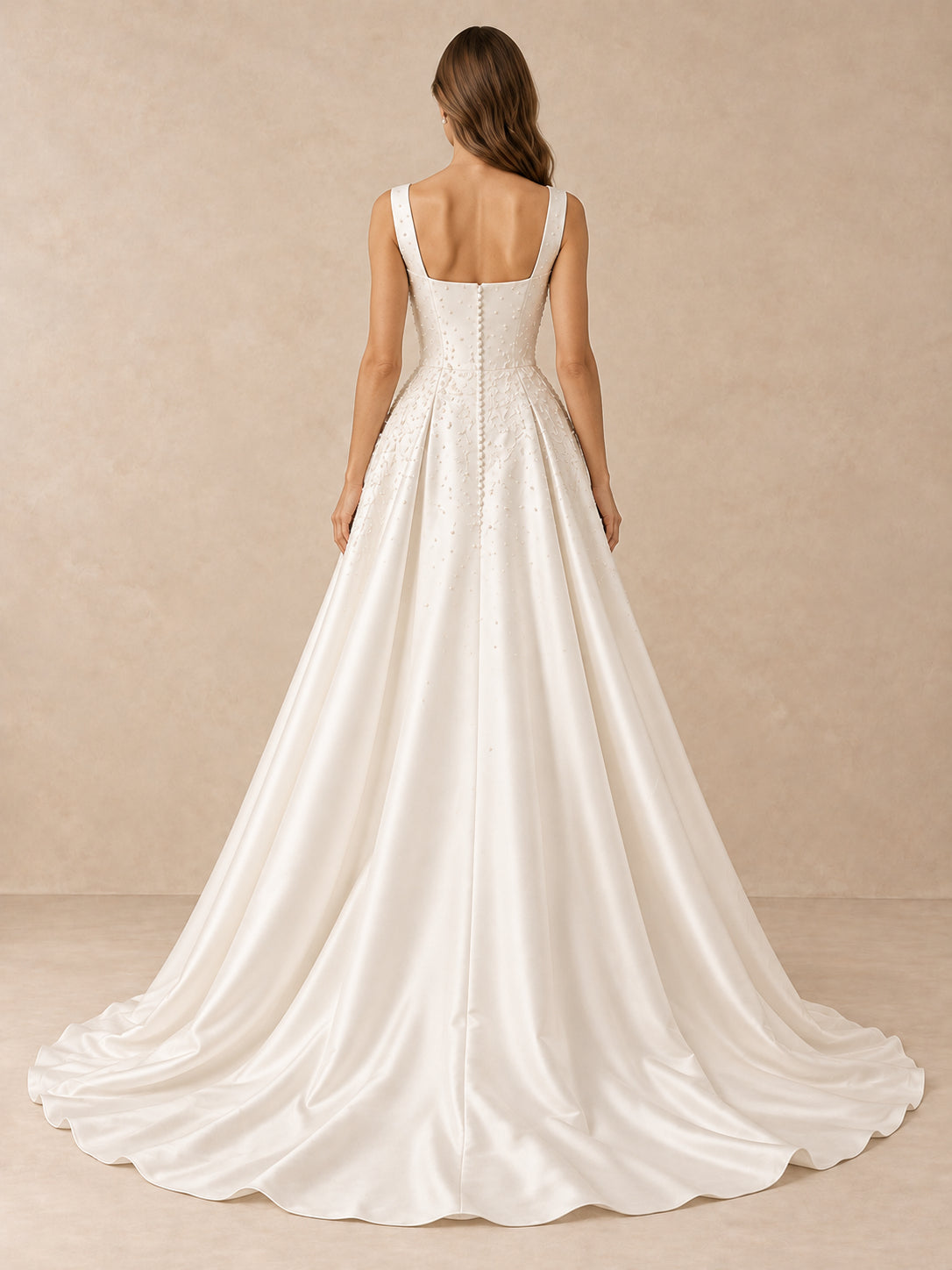 White Pearl-Accented Satin Bateau A-Line Wedding Dress