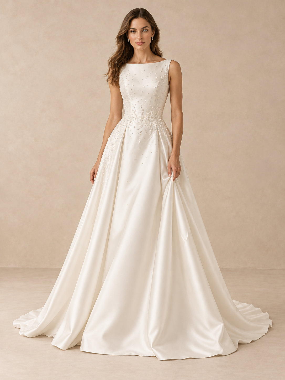 White Pearl-Accented Satin Bateau A-Line Wedding Dress