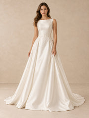 White Pearl-Accented Satin Bateau A-Line Wedding Dress