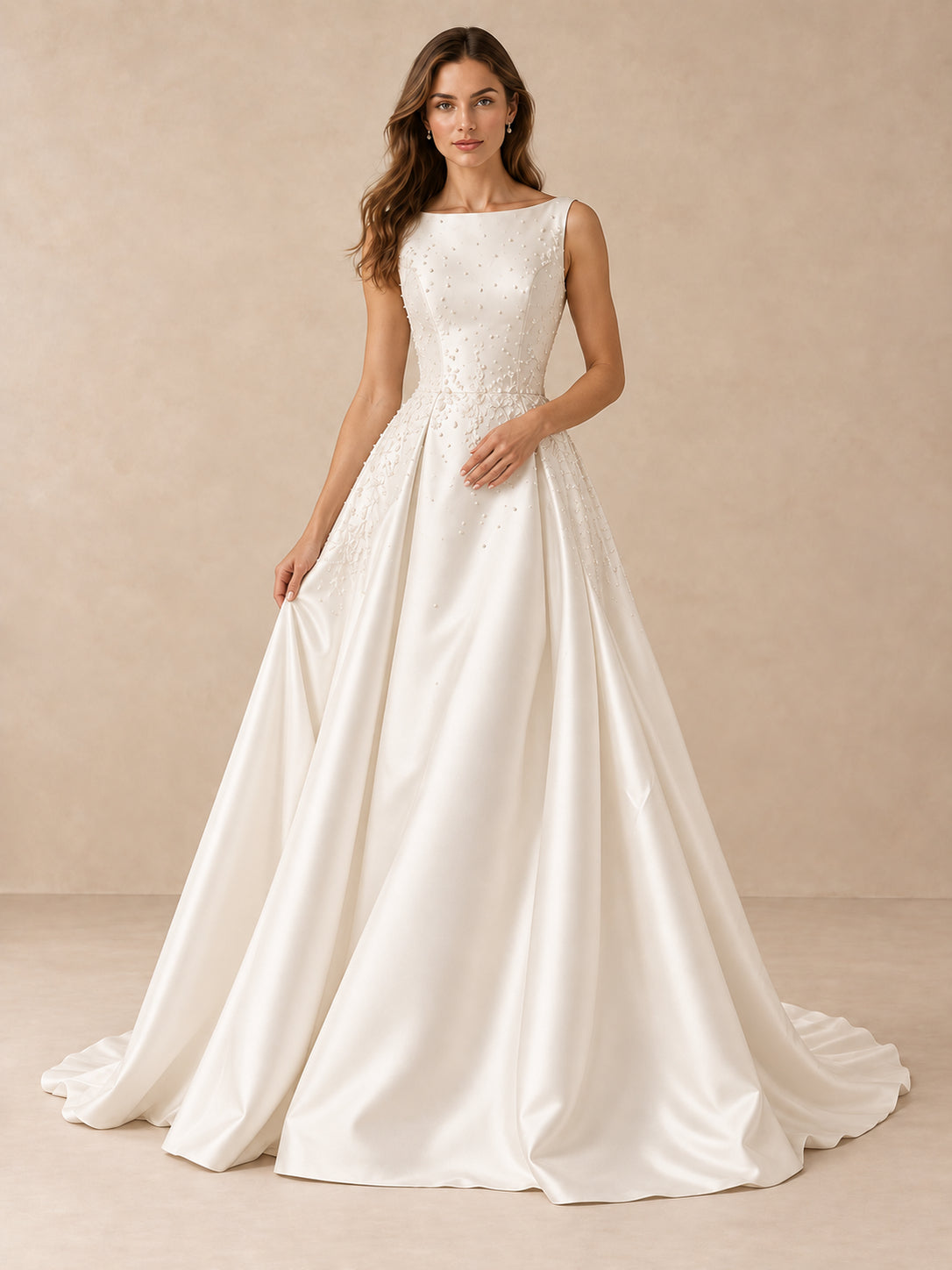 White Pearl-Accented Satin Bateau A-Line Wedding Dress