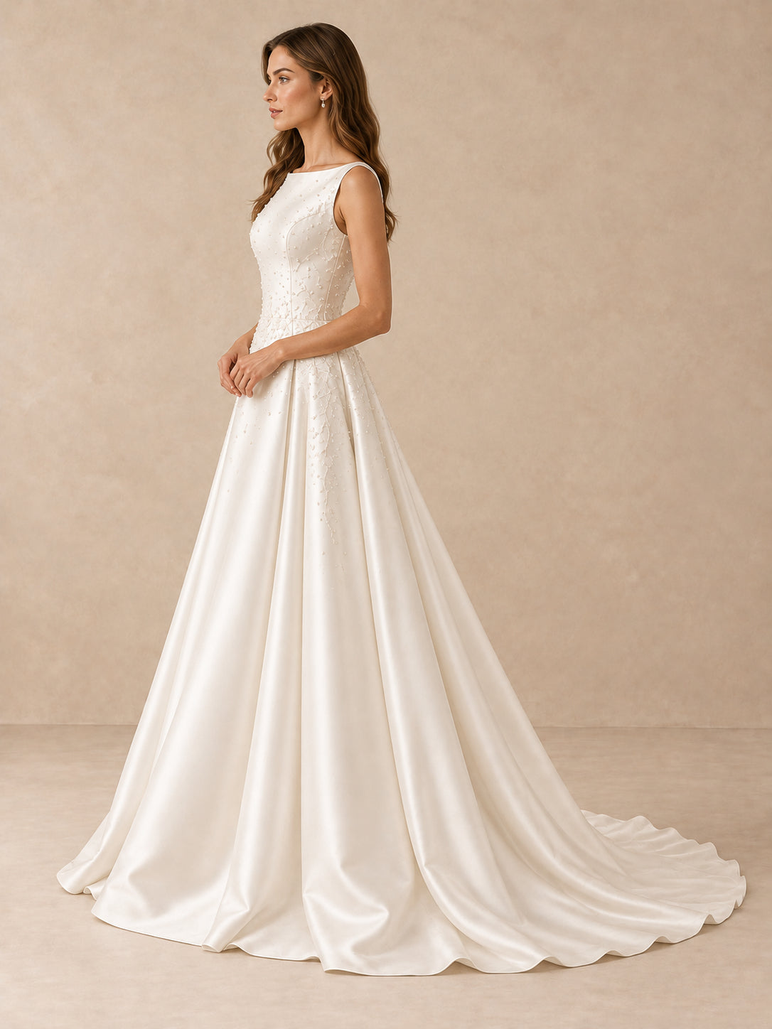 White Pearl-Accented Satin Bateau A-Line Wedding Dress
