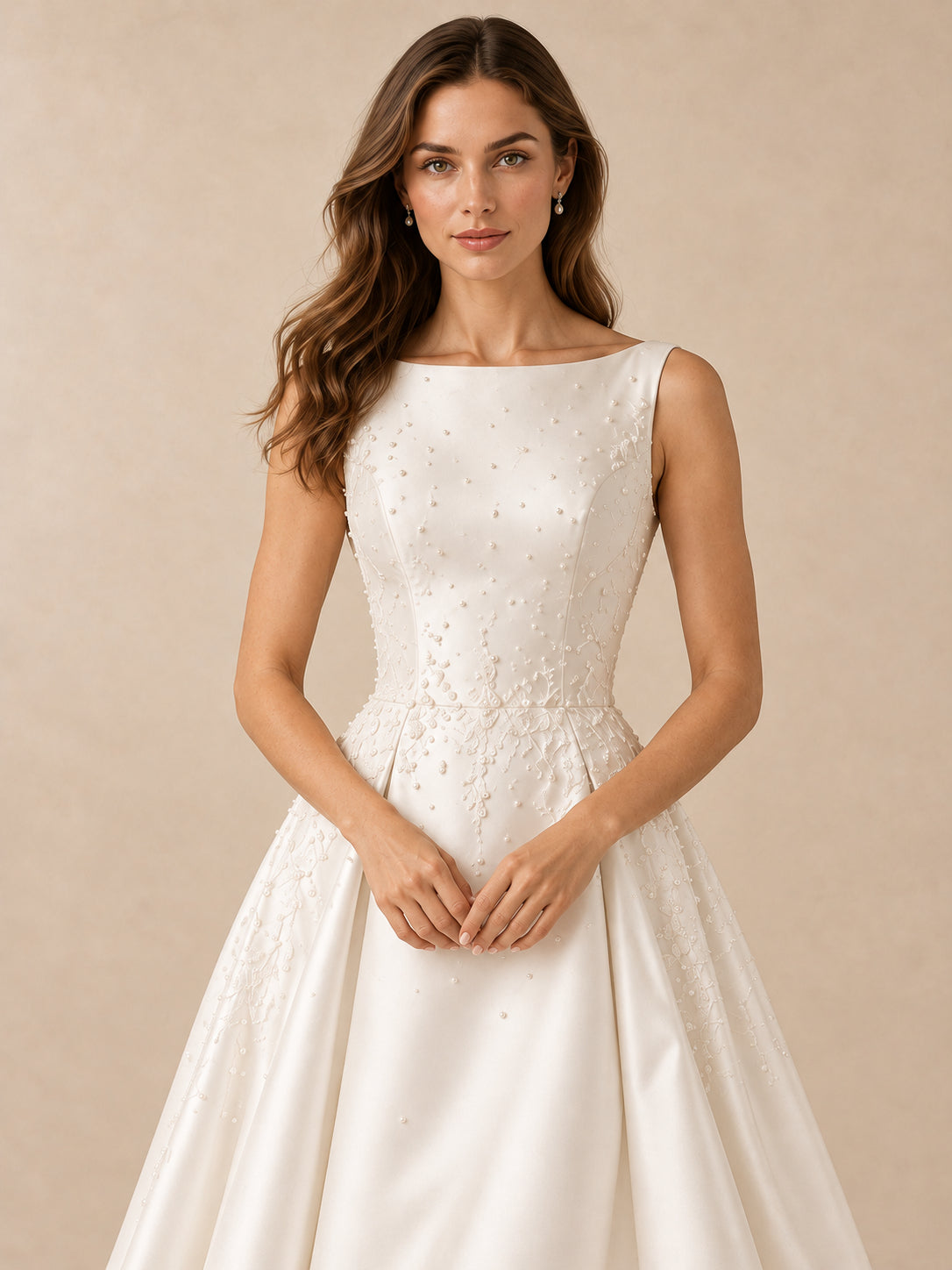 White Pearl-Accented Satin Bateau A-Line Wedding Dress