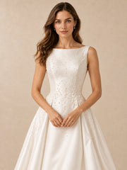 White Pearl-Accented Satin Bateau A-Line Wedding Dress