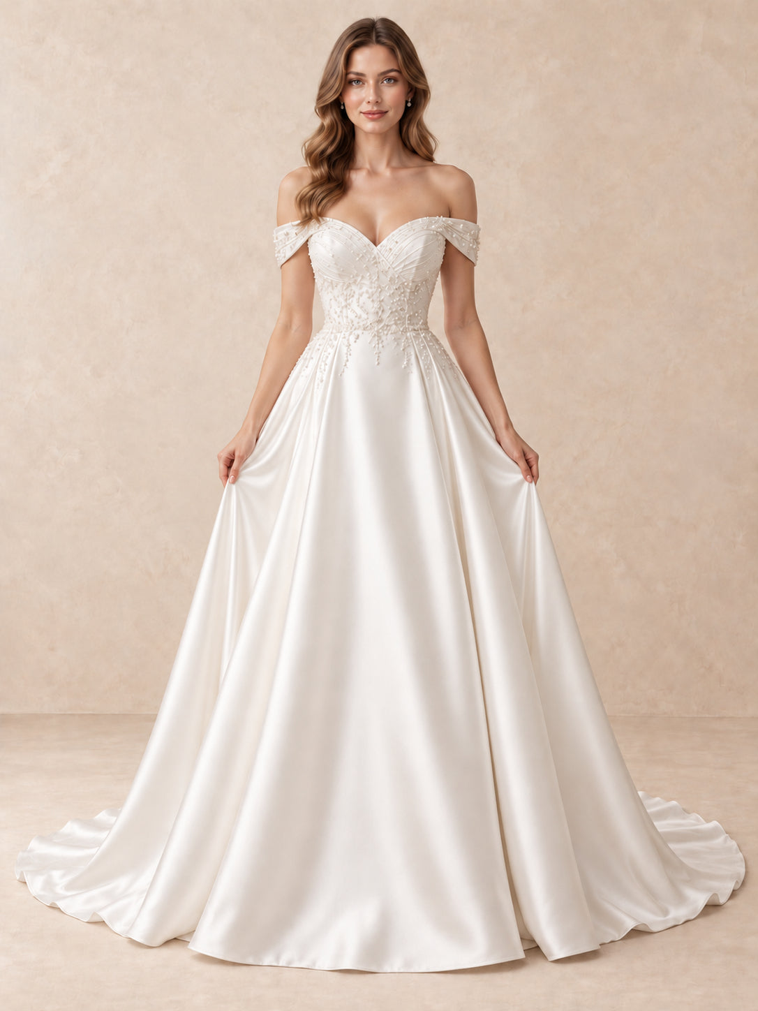 White Pearl-Embellished Off-the-Shoulder Satin A-Line Wedding Dress