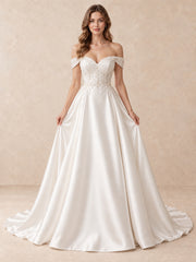 White Pearl-Embellished Off-the-Shoulder Satin A-Line Wedding Dress