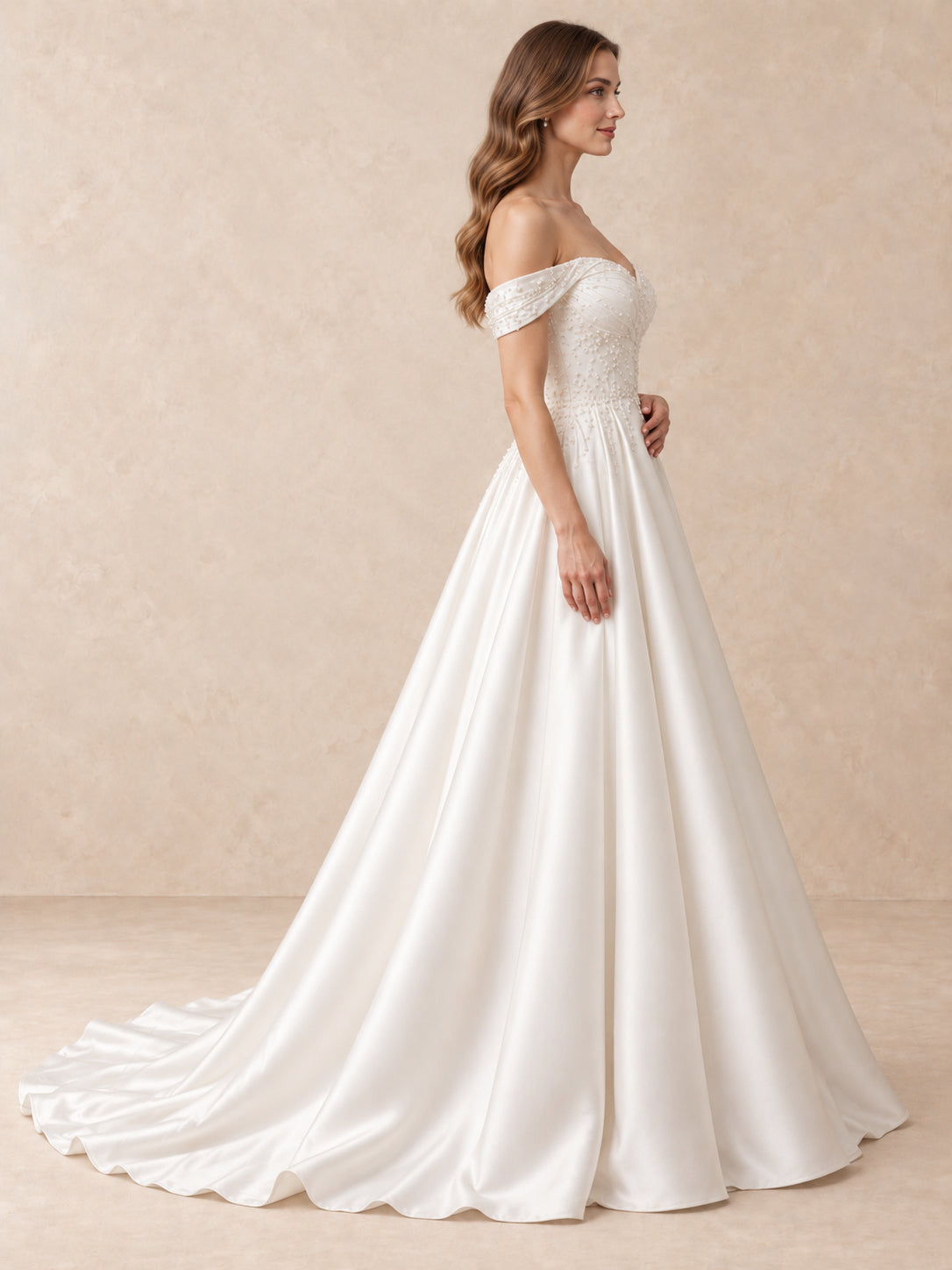 White Pearl-Embellished Off-the-Shoulder Satin A-Line Wedding Dress